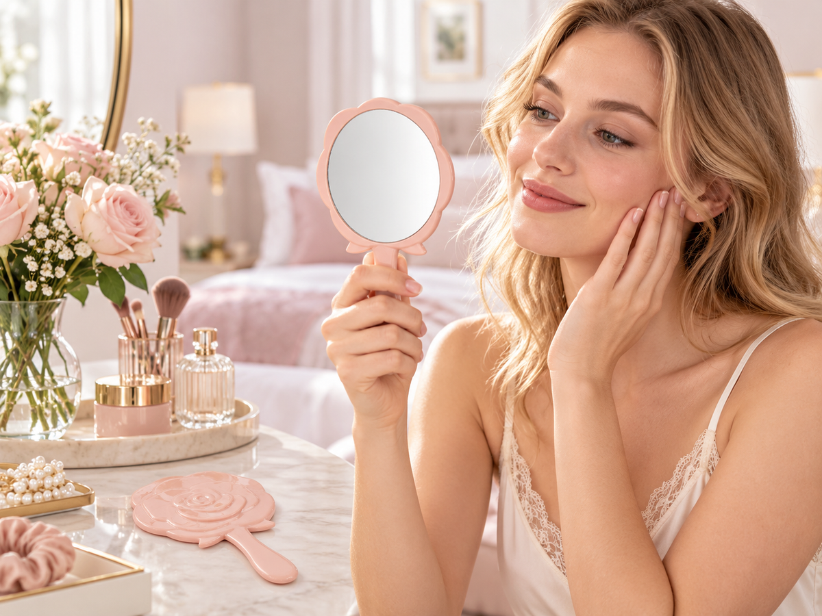 Pink Apricot Rose-Shaped Handheld Mirror
