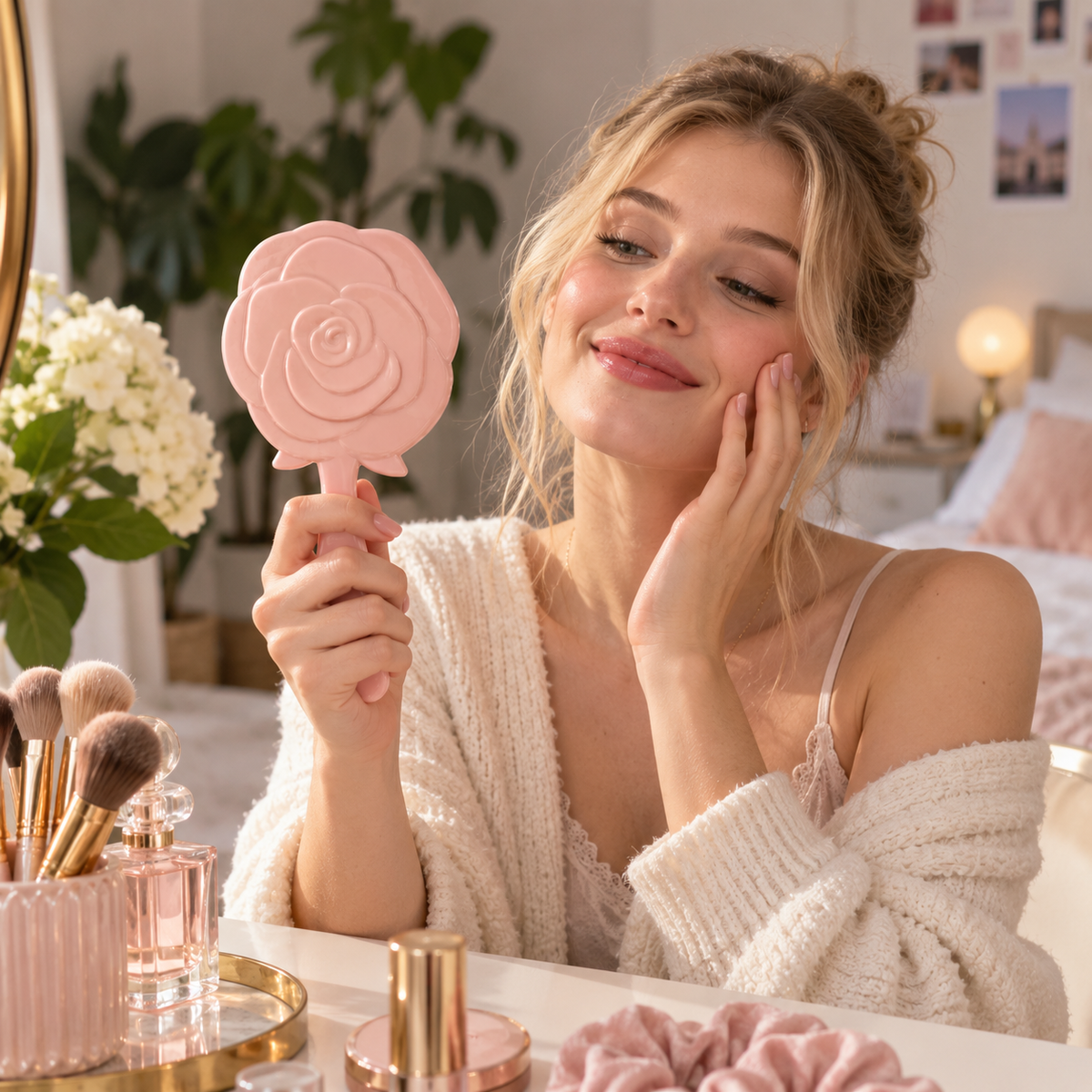 Pink Apricot Rose-Shaped Handheld Mirror