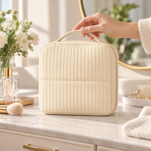 Beige Upright Cosmetic Travel Bag