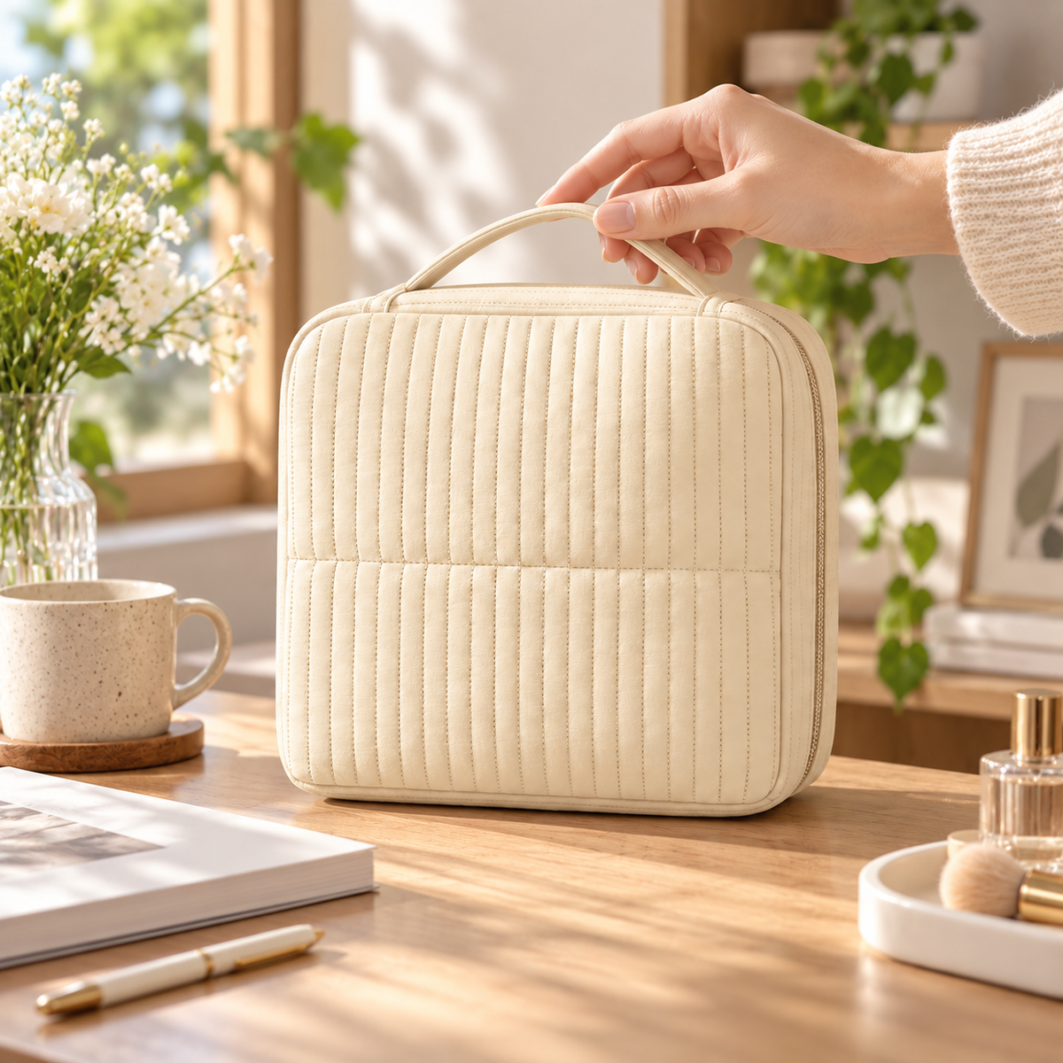 Beige Upright Cosmetic Travel Bag