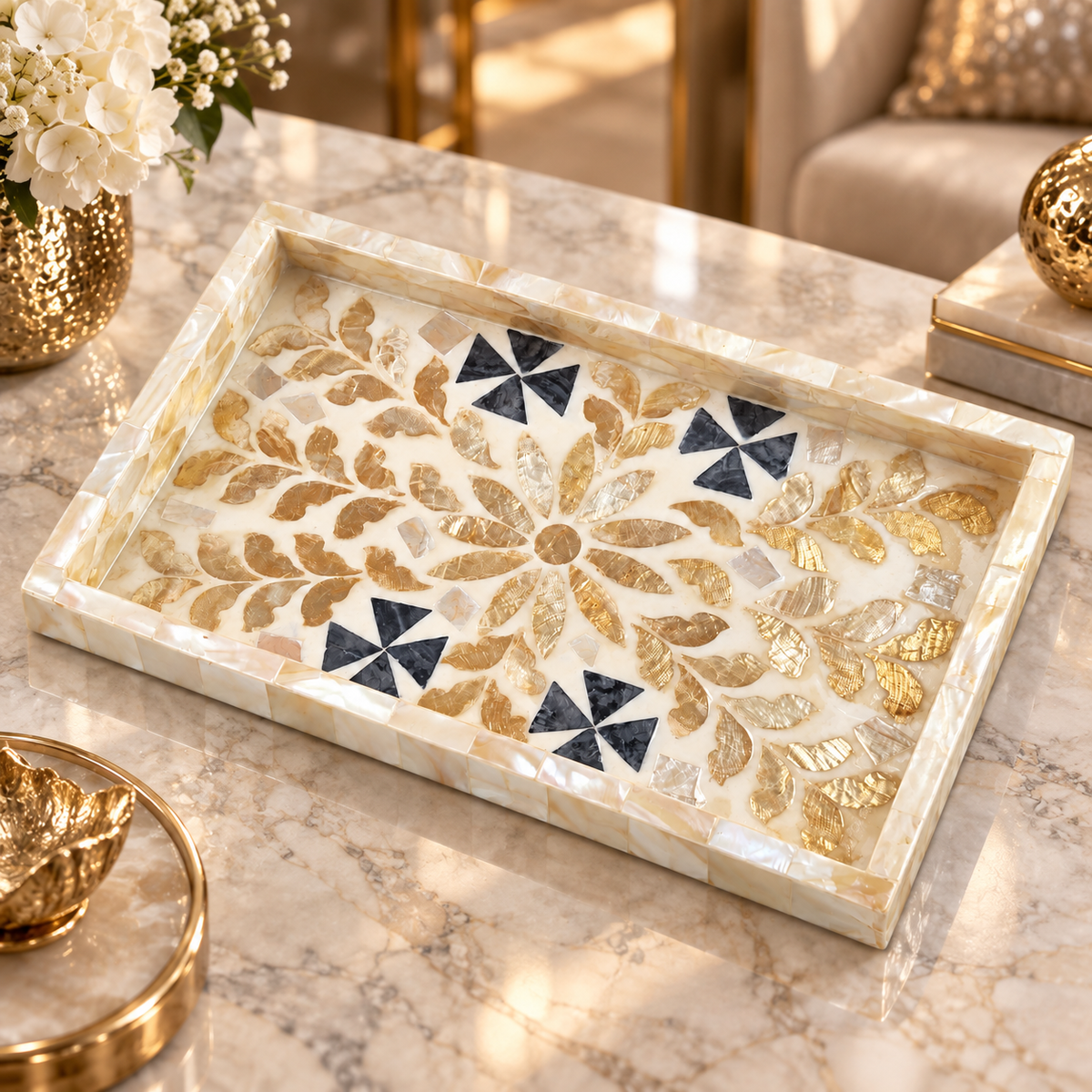 Natural Color Shell – Golden Branch & Leaf Tray